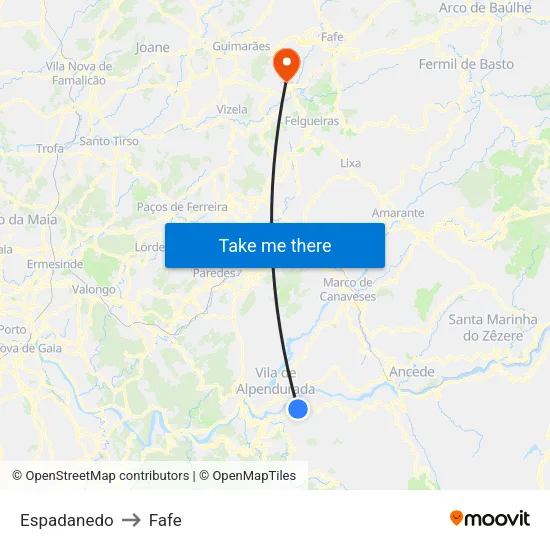 Espadanedo to Fafe map