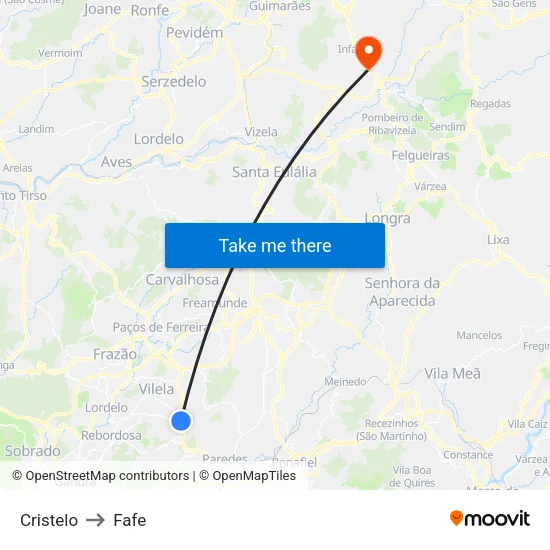 Cristelo to Fafe map