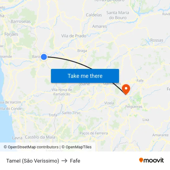 Tamel (São Veríssimo) to Fafe map