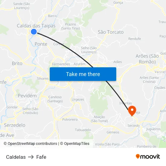 Caldelas to Fafe map