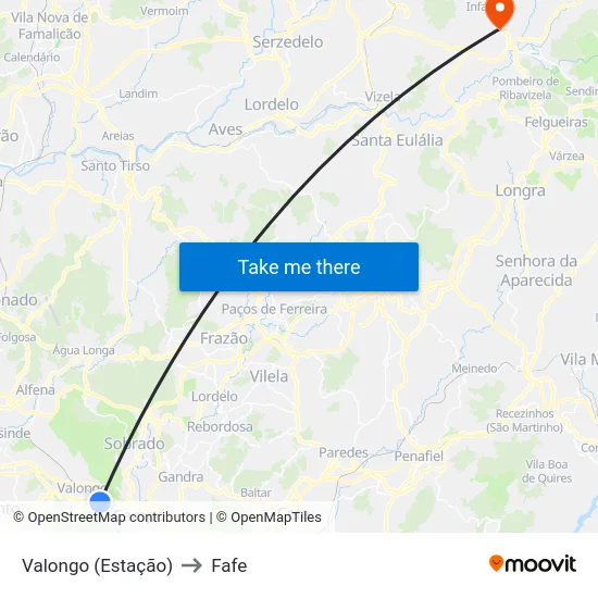 Valongo (Estação) to Fafe map