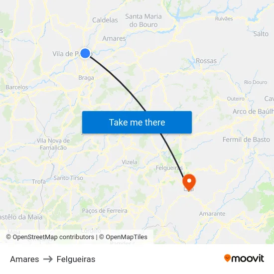 Amares to Felgueiras map