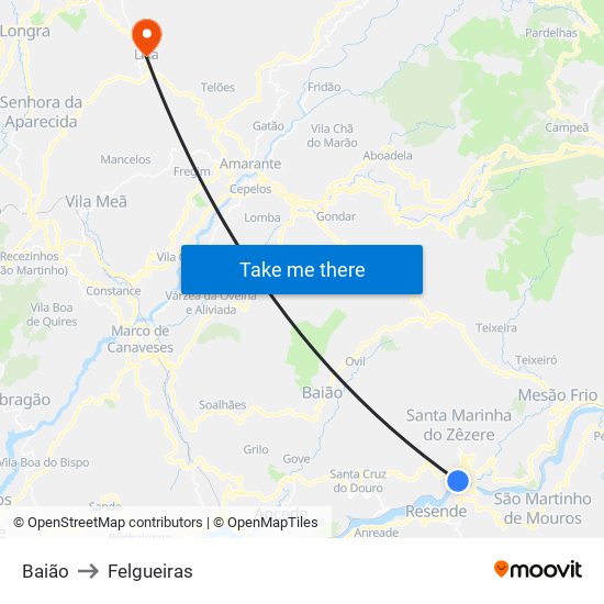 Baião to Felgueiras map