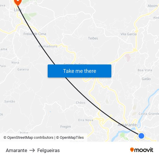 Amarante to Felgueiras map