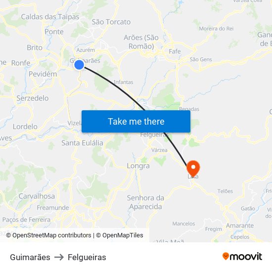 Guimarães to Felgueiras map