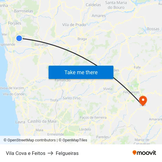 Vila Cova e Feitos to Felgueiras map