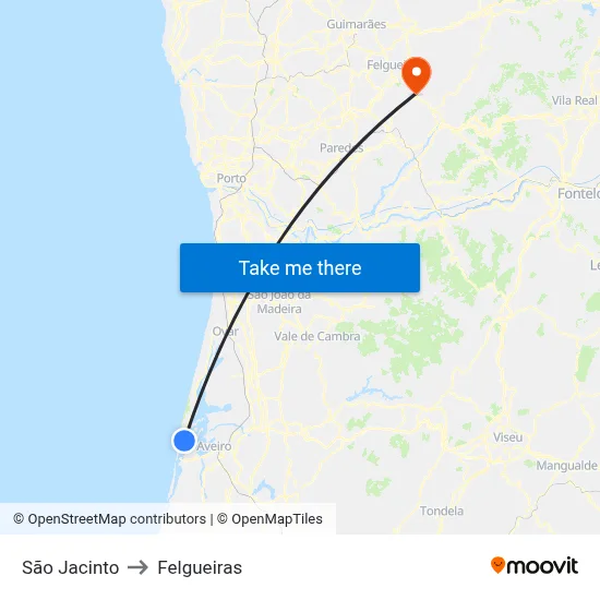 São Jacinto to Felgueiras map