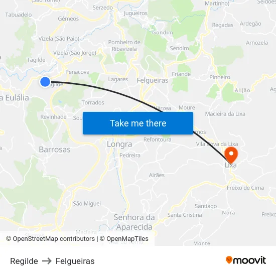 Regilde to Felgueiras map