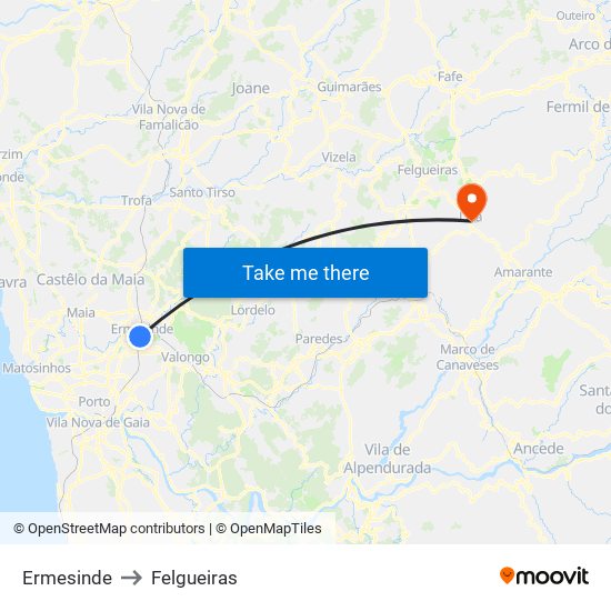 Ermesinde to Felgueiras map