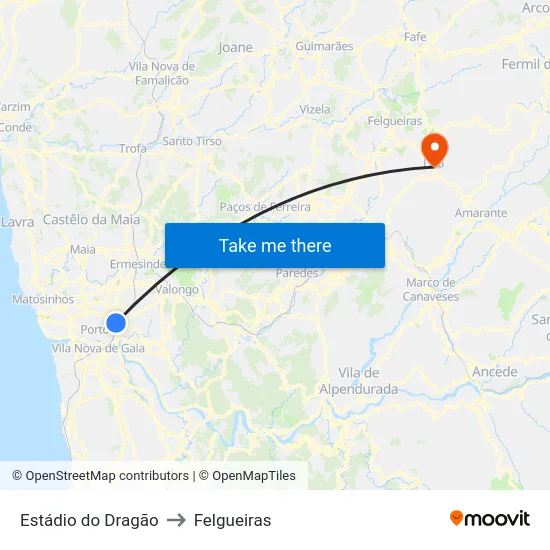 Estádio do Dragão to Felgueiras map