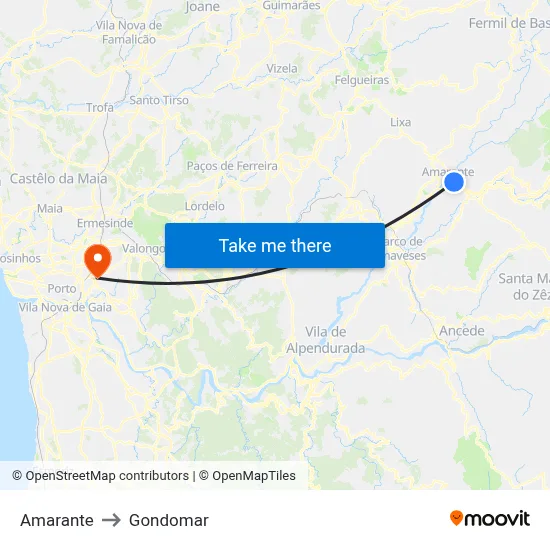 Amarante to Gondomar map