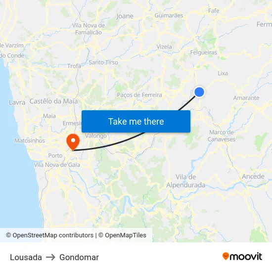 Lousada to Gondomar map