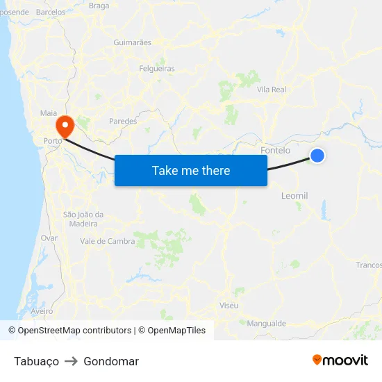 Tabuaço to Gondomar map