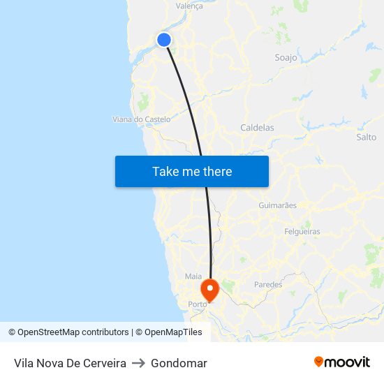 Vila Nova De Cerveira to Gondomar map