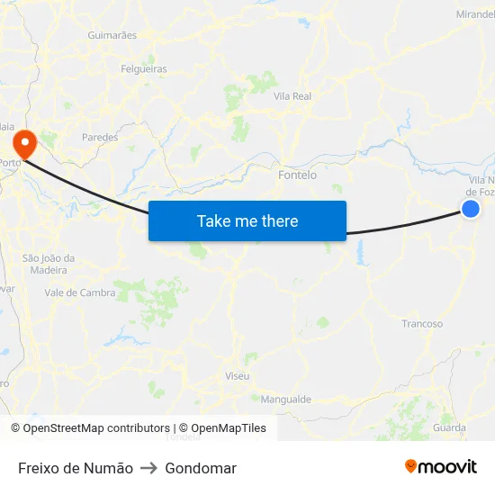 Freixo de Numão to Gondomar map