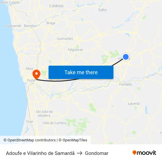 Adoufe e Vilarinho de Samardã to Gondomar map