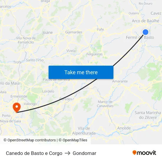 Canedo de Basto e Corgo to Gondomar map