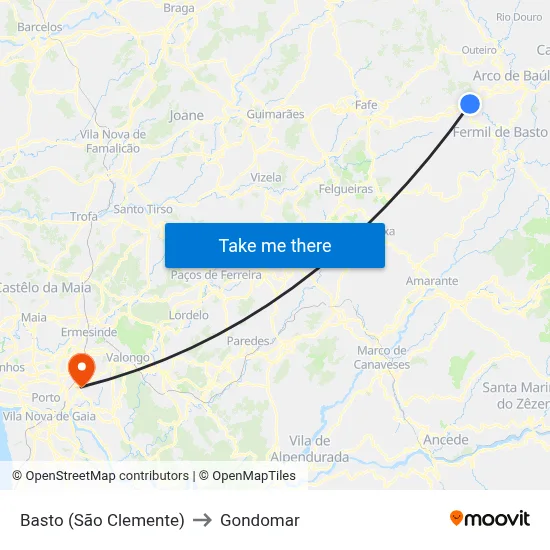 Basto (São Clemente) to Gondomar map