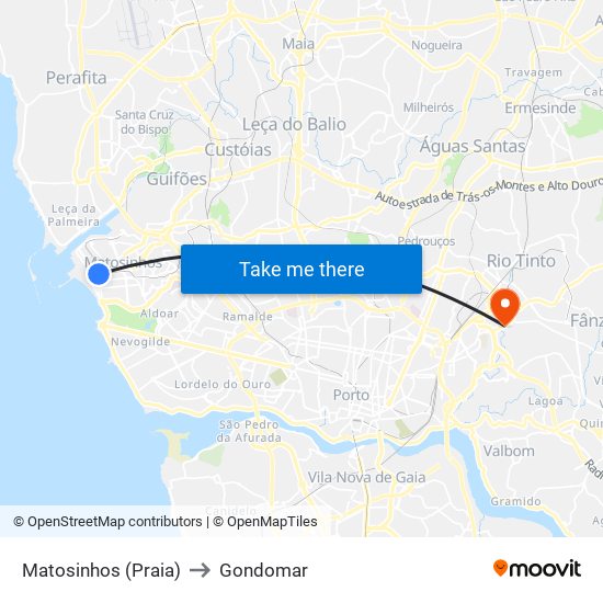 Matosinhos (Praia) to Gondomar map