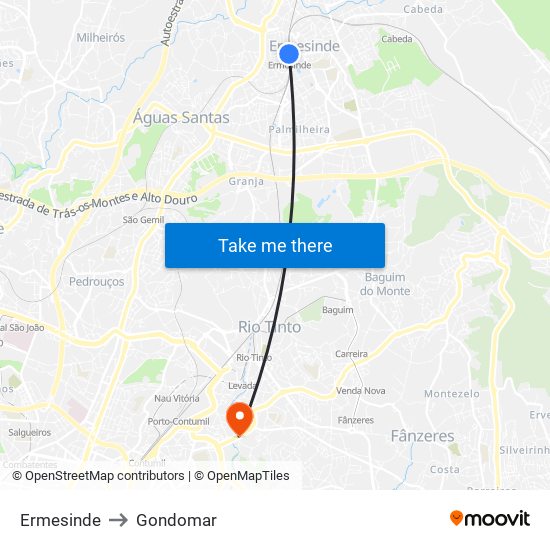 Ermesinde to Gondomar map