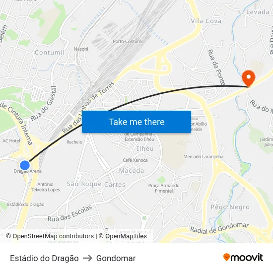 Estádio do Dragão to Gondomar map