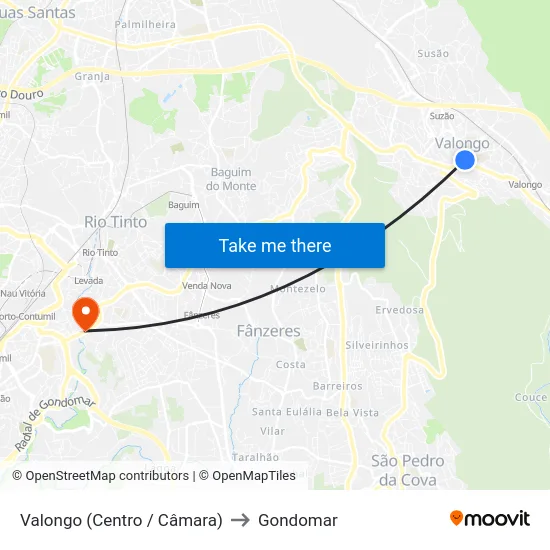 Valongo (Centro / Câmara) to Gondomar map