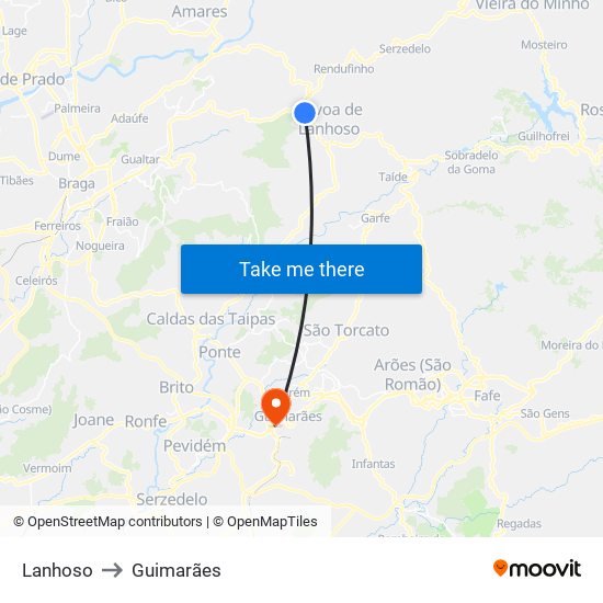 Lanhoso to Guimarães map