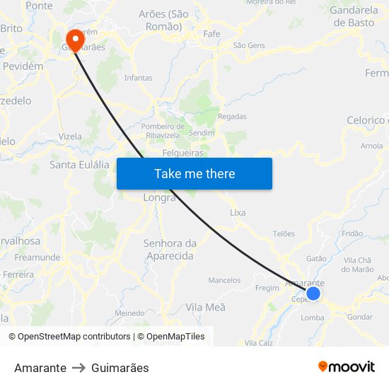 Amarante to Guimarães map