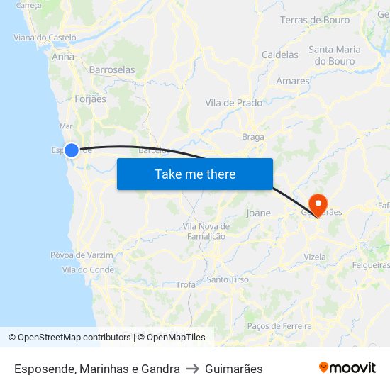 Esposende, Marinhas e Gandra to Guimarães map