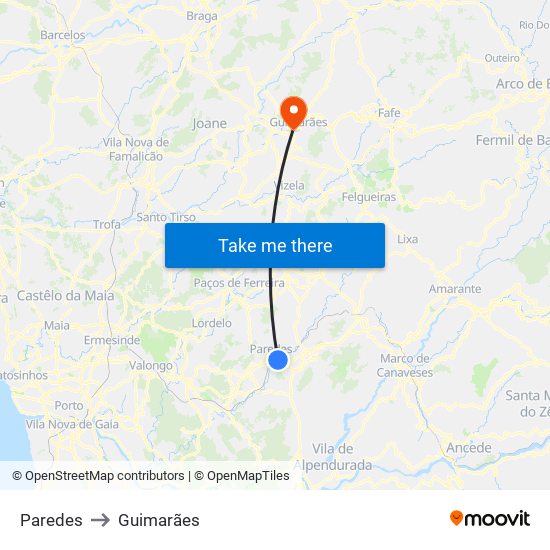 Paredes to Guimarães map