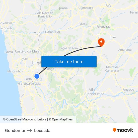 Gondomar to Lousada map