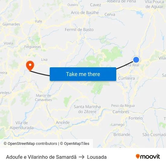 Adoufe e Vilarinho de Samardã to Lousada map