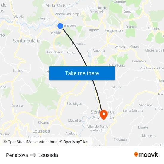 Penacova to Lousada map