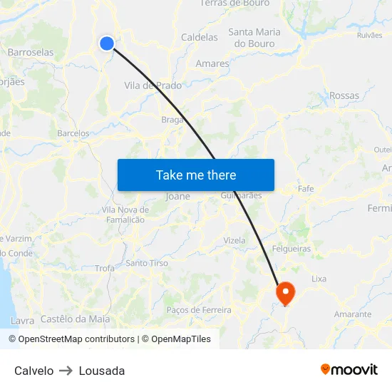 Calvelo to Lousada map