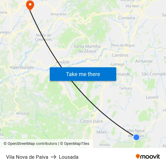 Vila Nova de Paiva to Lousada map