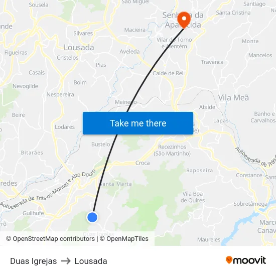Duas Igrejas to Lousada map