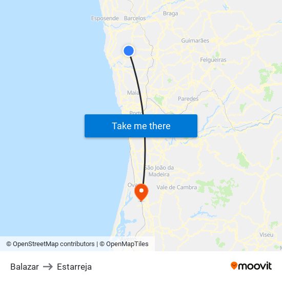Balazar to Estarreja map