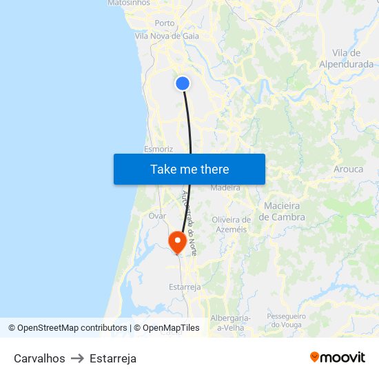 Carvalhos to Estarreja map