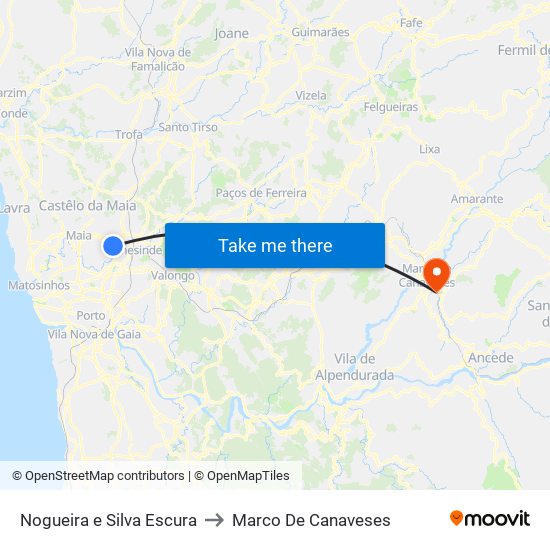 Nogueira e Silva Escura to Marco De Canaveses map