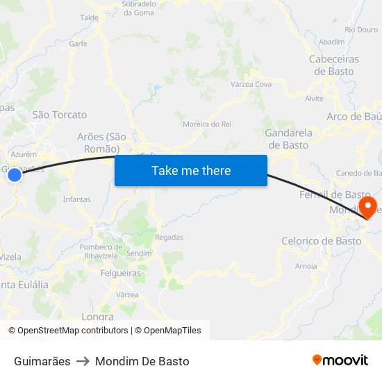 Guimarães to Mondim De Basto map