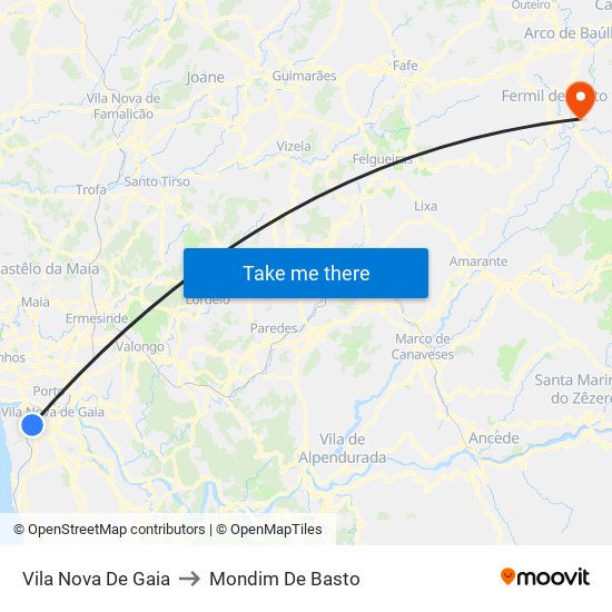 Vila Nova De Gaia to Mondim De Basto map