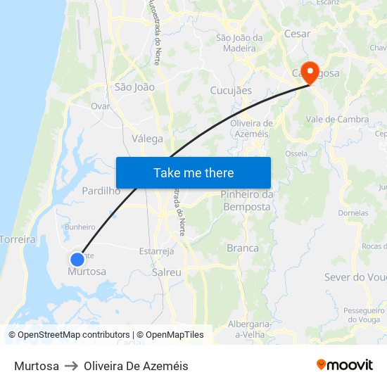 Murtosa to Oliveira De Azeméis map