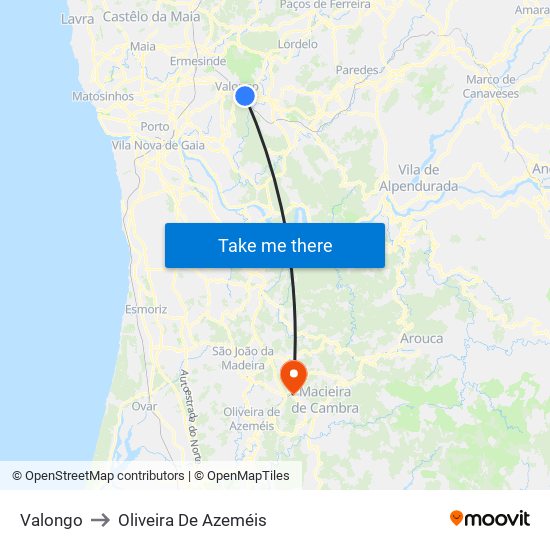 Valongo to Oliveira De Azeméis map