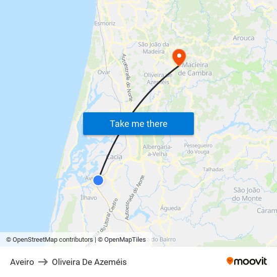 Aveiro to Oliveira De Azeméis map