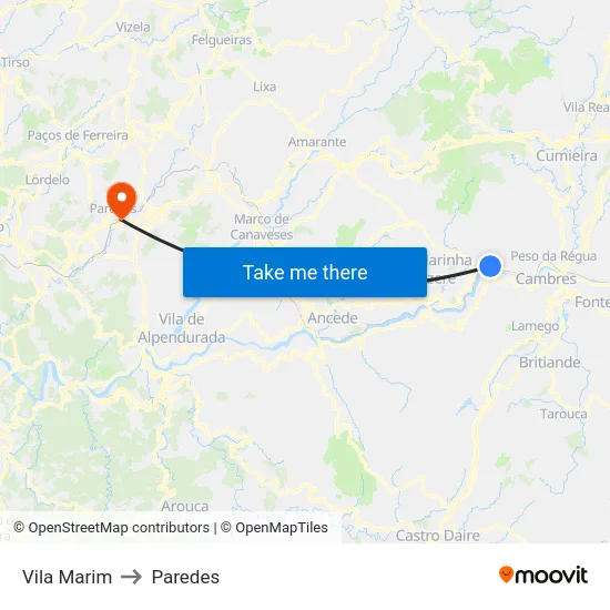 Vila Marim to Paredes map