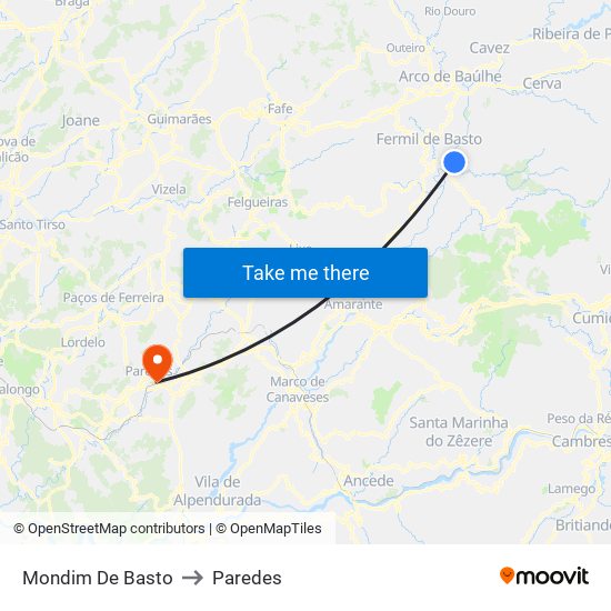 Mondim De Basto to Paredes map