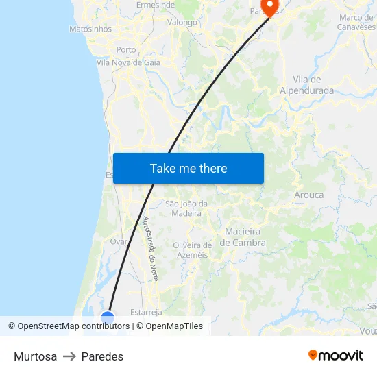 Murtosa to Paredes map