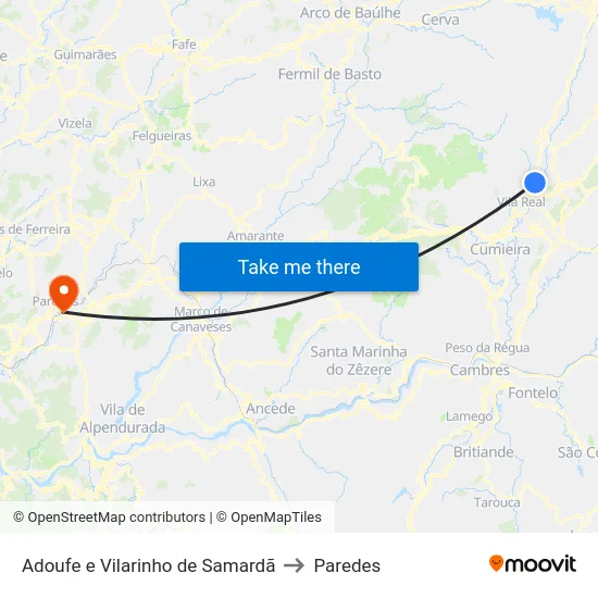Adoufe e Vilarinho de Samardã to Paredes map