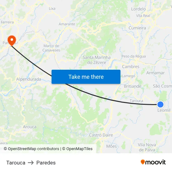 Tarouca to Paredes map