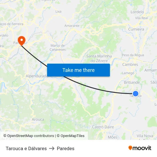 Tarouca e Dálvares to Paredes map